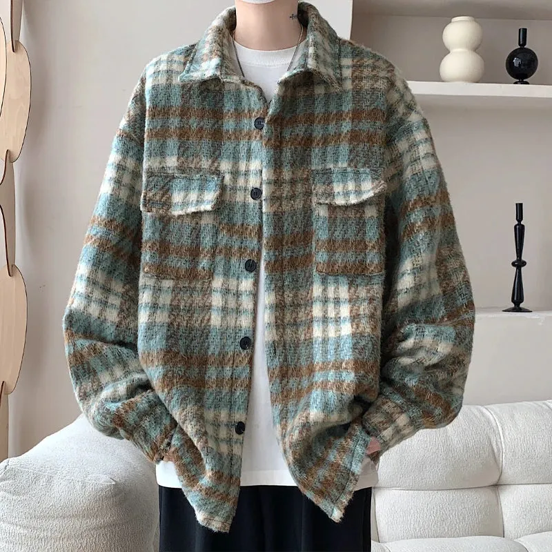 Wiaofellas  -  Winter Woolen Coat Men Warm Retro Plaid Woolen Jacket Men Streetwear Korean Loose Short Woolen Coat Mens Jackets Large Size 5XL