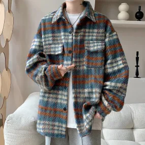 Wiaofellas  -  Winter Woolen Coat Men Warm Retro Plaid Woolen Jacket Men Streetwear Korean Loose Short Woolen Coat Mens Jackets Large Size 5XL