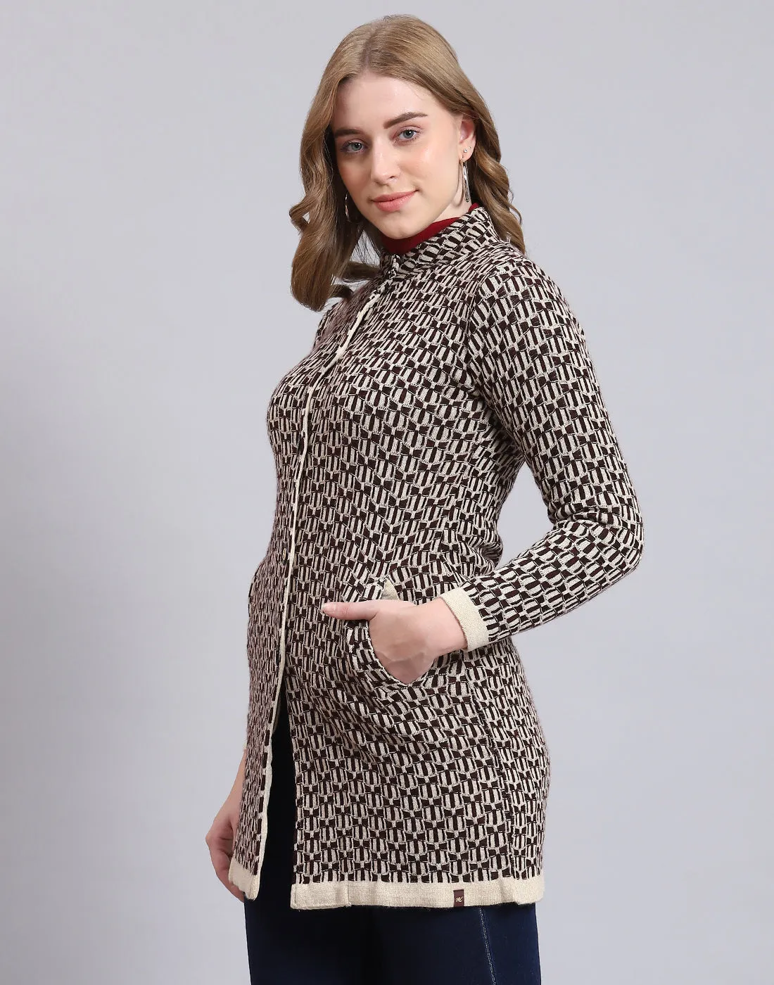 Women Beige Self Design Stand Collar Full Sleeve Coat