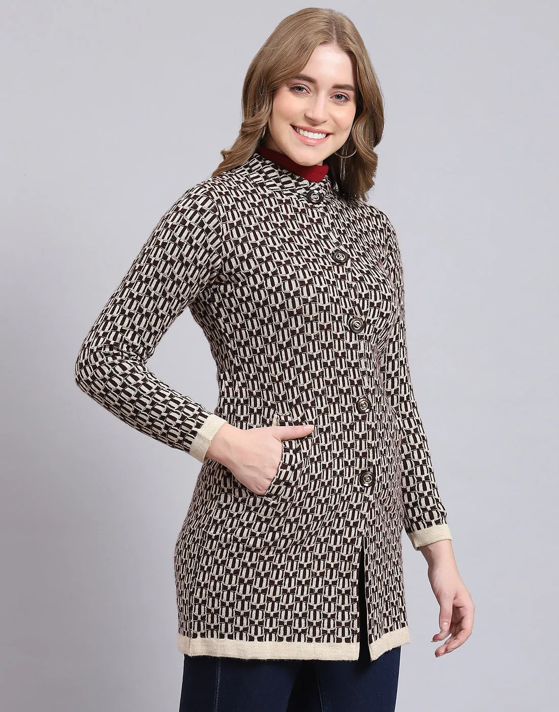 Women Beige Self Design Stand Collar Full Sleeve Coat