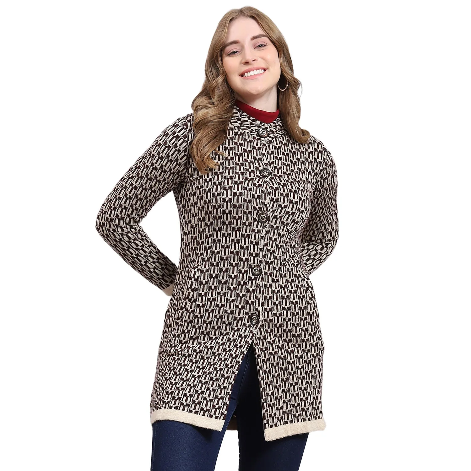 Women Beige Self Design Stand Collar Full Sleeve Coat