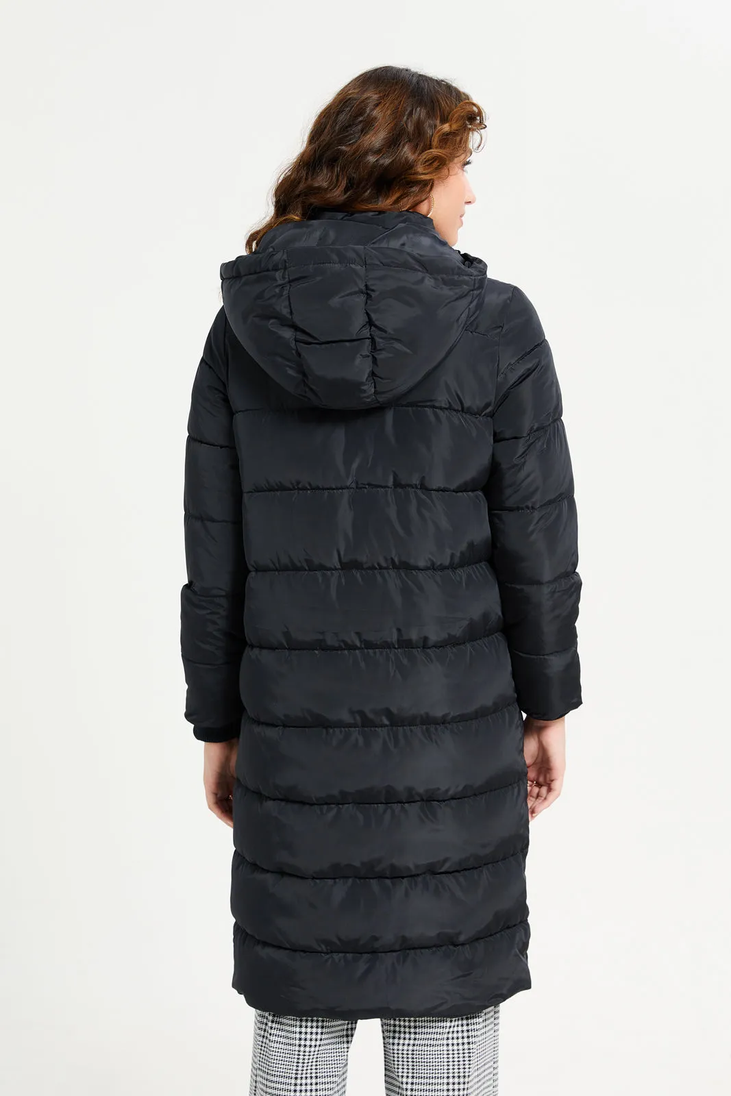 Women Black Padded Zip Up Warm Hooded Coat