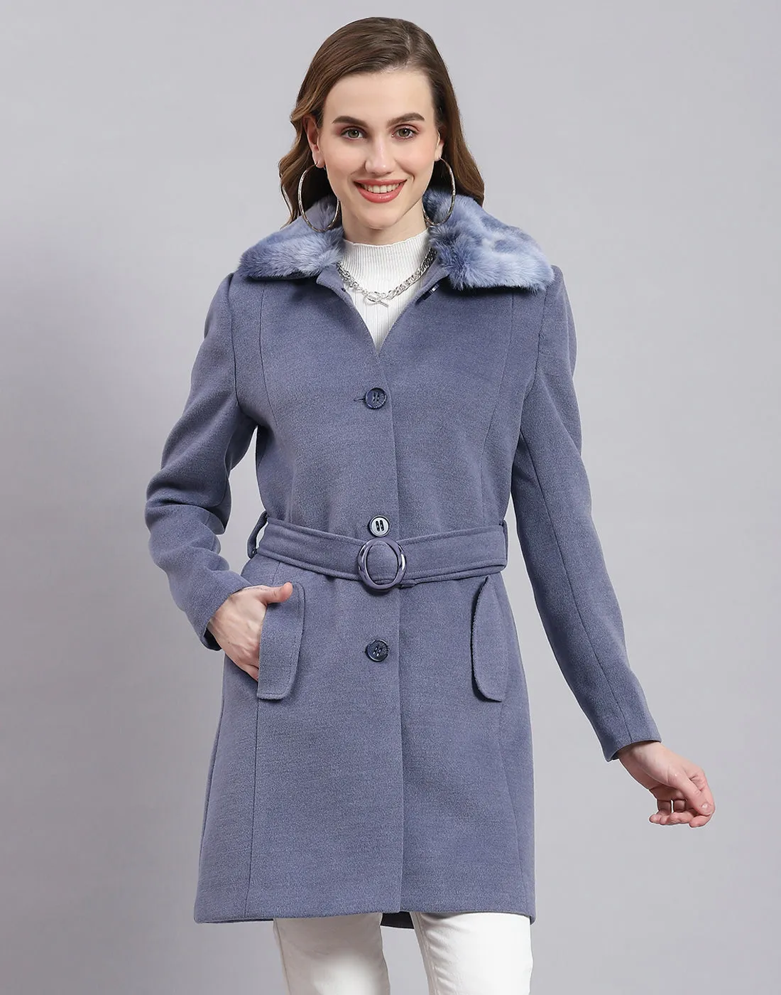 Women Blue Solid Collar Full Sleeve Coat