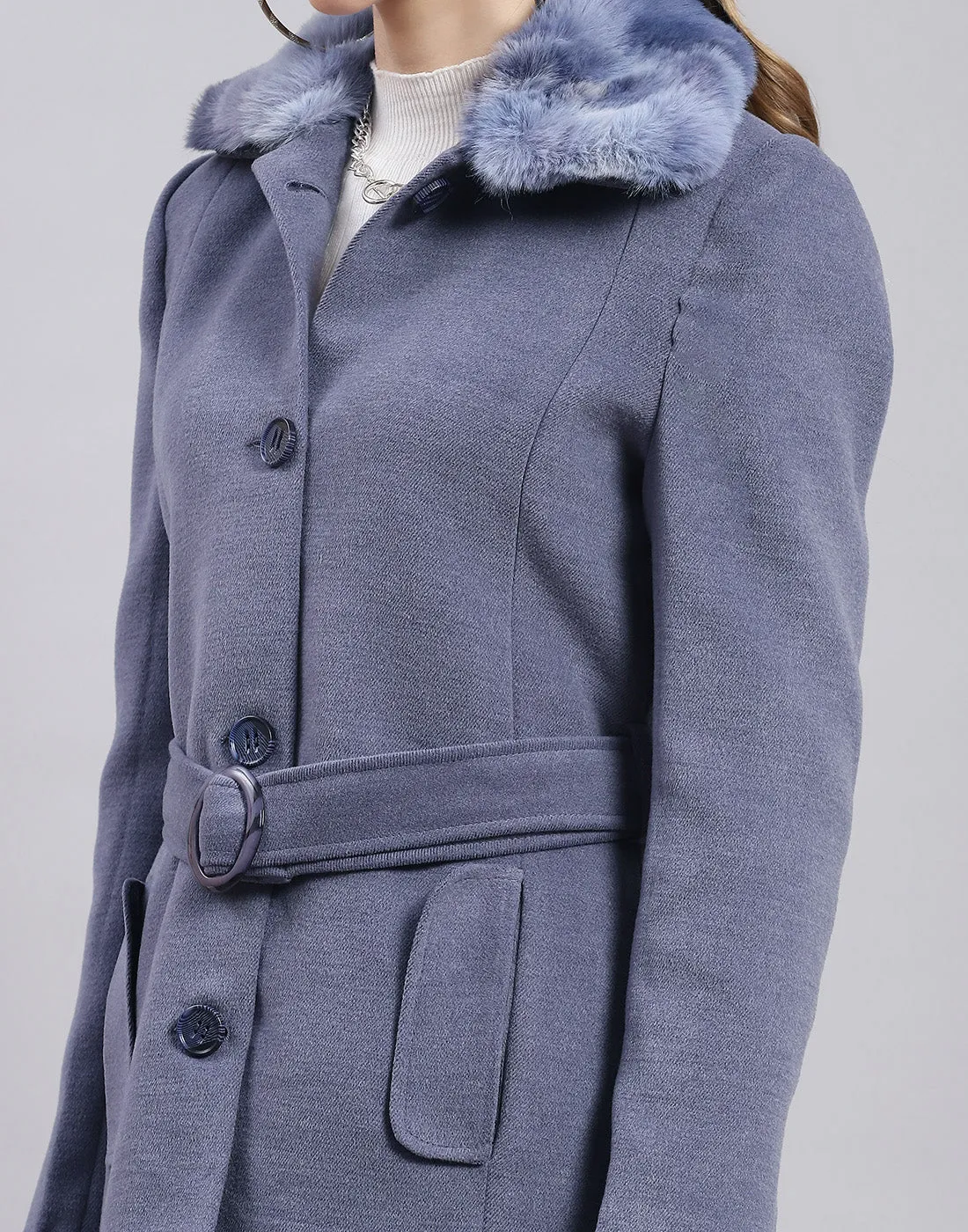 Women Blue Solid Collar Full Sleeve Coat