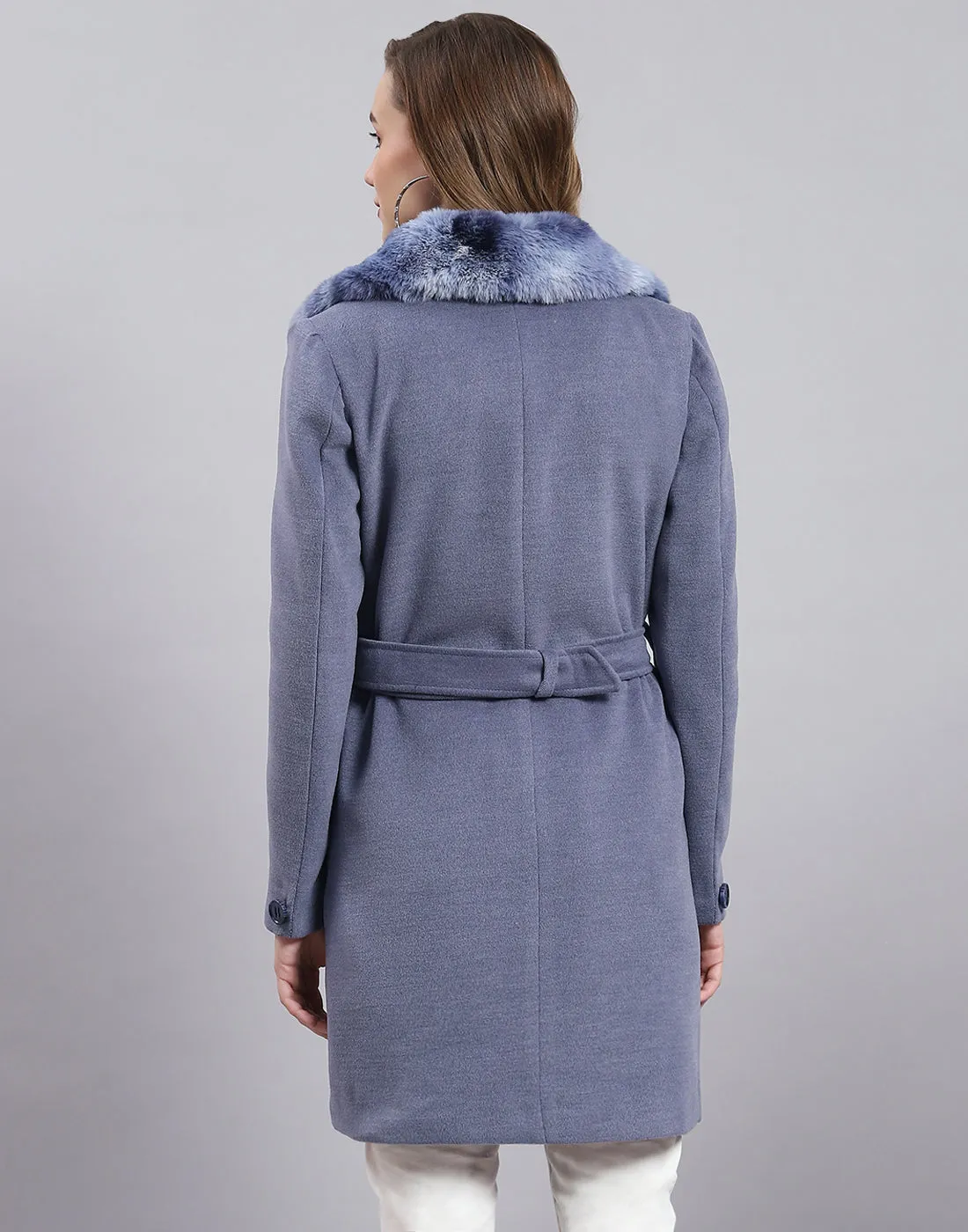 Women Blue Solid Collar Full Sleeve Coat