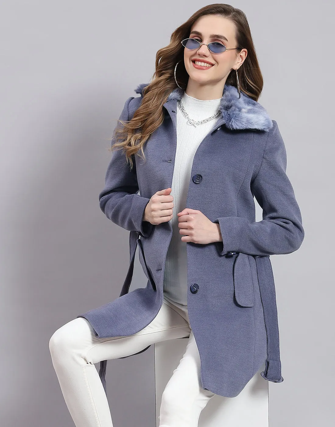 Women Blue Solid Collar Full Sleeve Coat