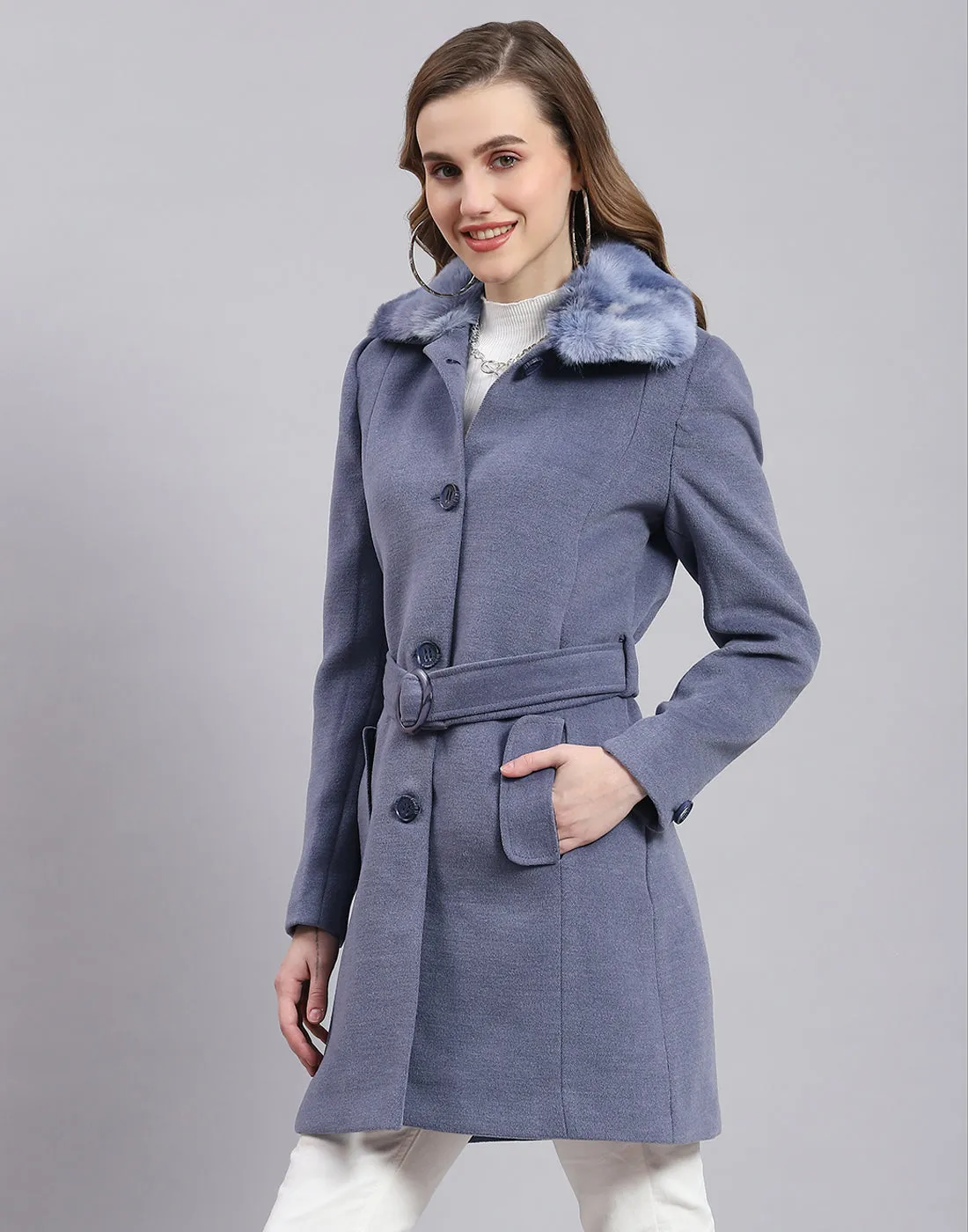 Women Blue Solid Collar Full Sleeve Coat