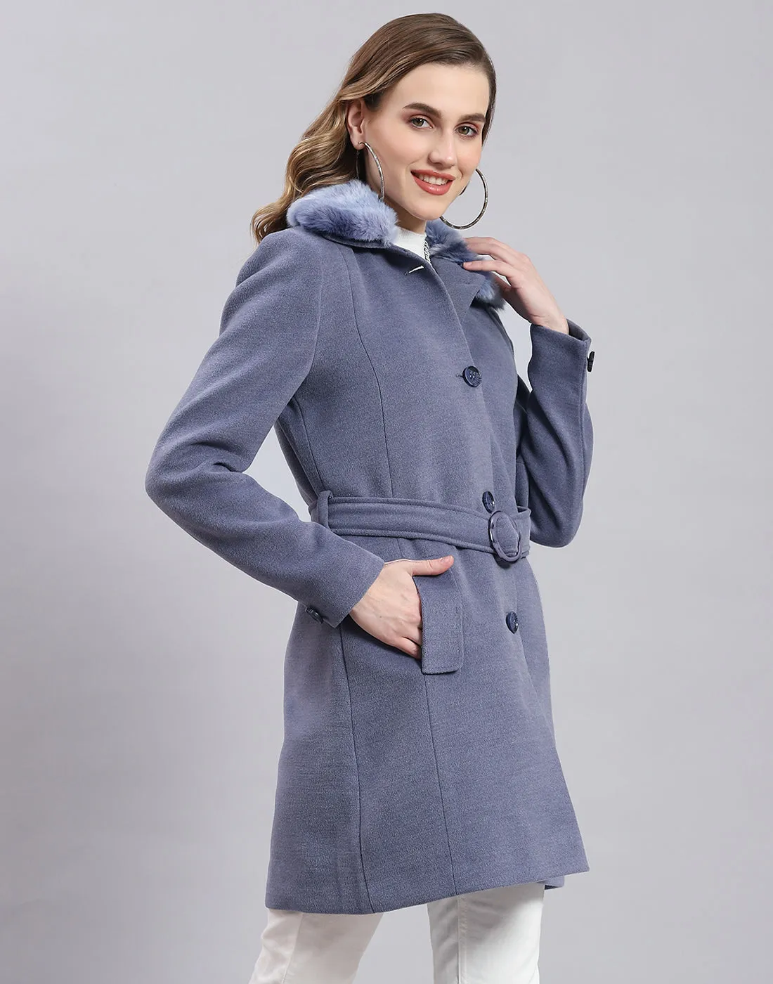 Women Blue Solid Collar Full Sleeve Coat