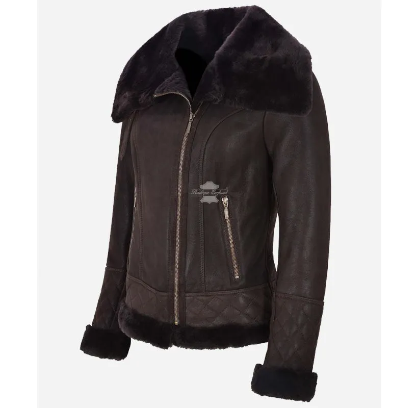 Women Fitted Sheepskin Pilot Jacket Big Collar Shearling Jacket