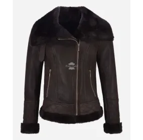 Women Fitted Sheepskin Pilot Jacket Big Collar Shearling Jacket