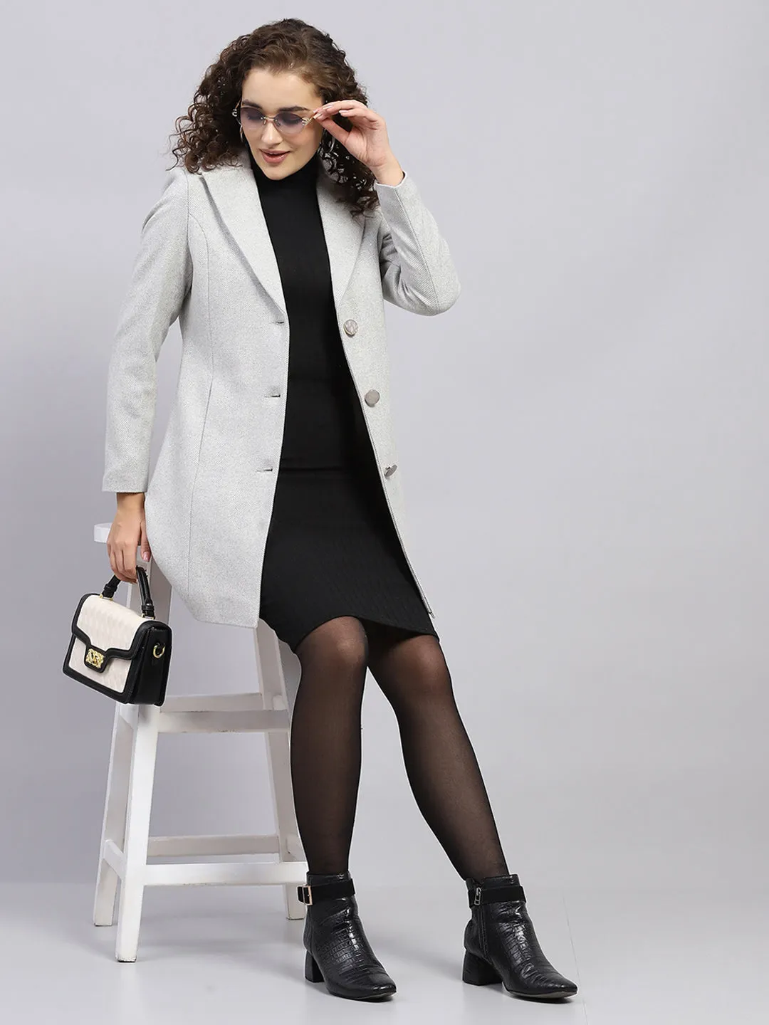 Women Grey Self Design Notch lapel Collar Full Sleeve Coat