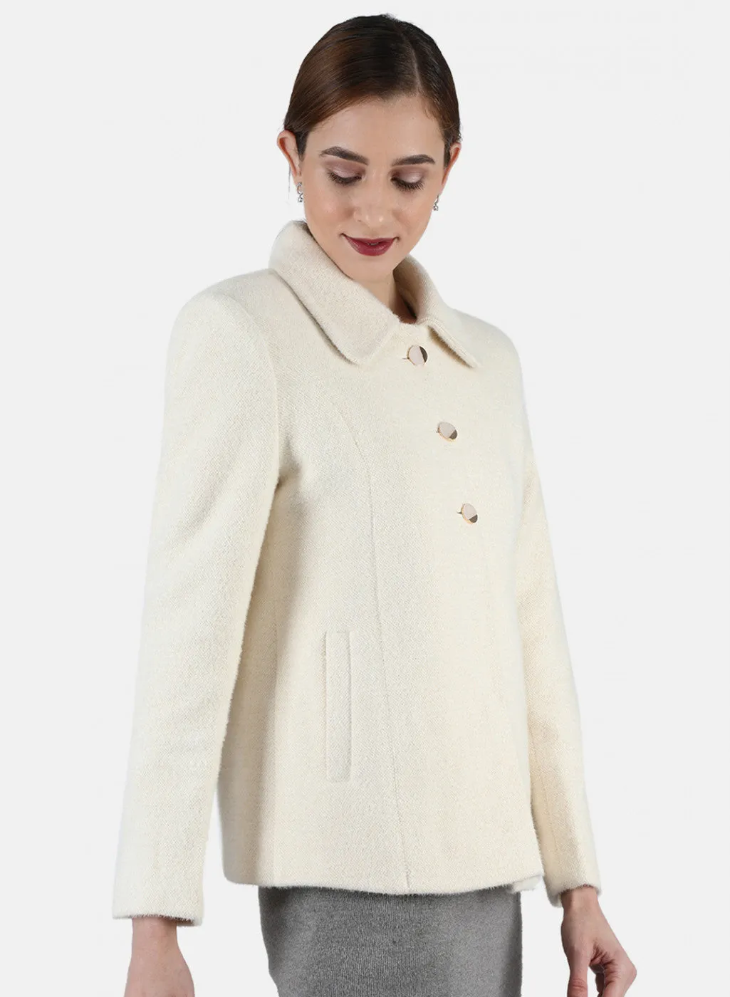 Women Off White Solid Coat