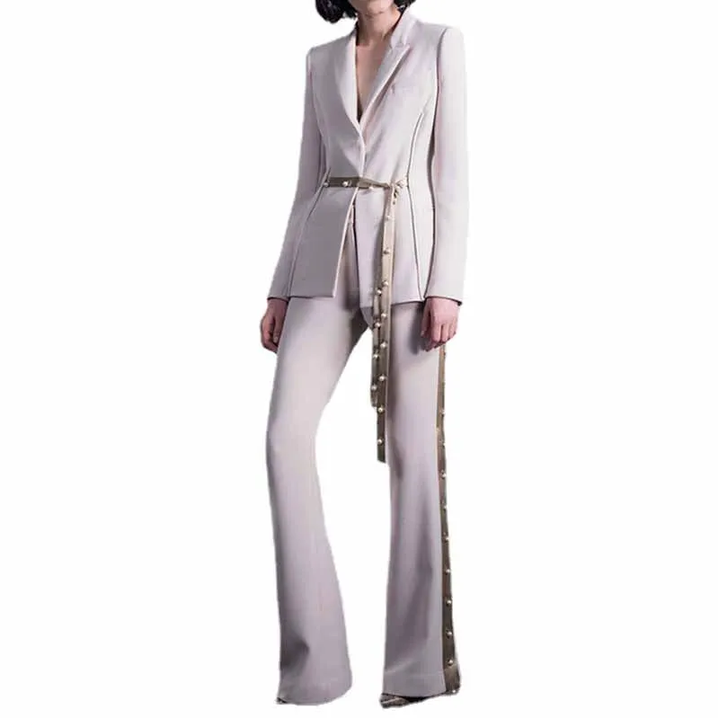 Women White Blazer Lace up Closure Coat   Flare Trousers Suit