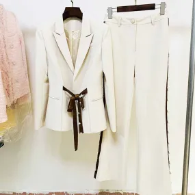 Women White Blazer Lace up Closure Coat   Flare Trousers Suit