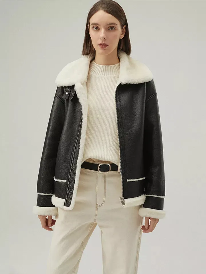 Women’s Black Leather White Shearling Collar Fur Jacket