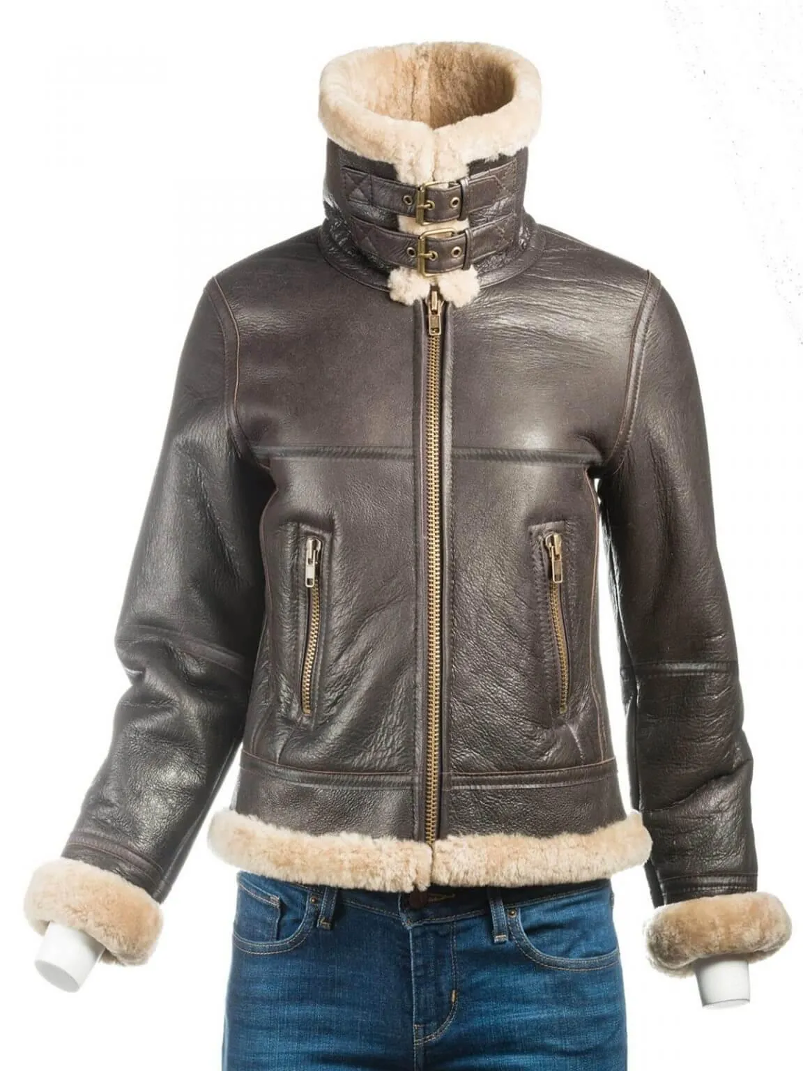 Womens Brown B3 Bomber Aviator Shearling Jacket