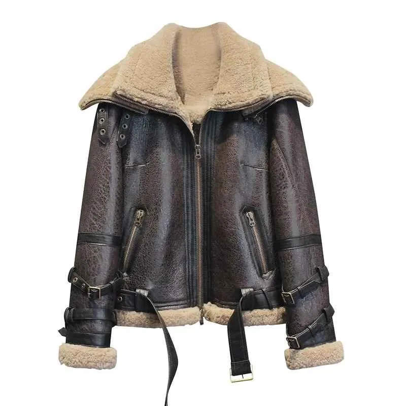 Womens Brown Leather Shearling Jacket with Double Collar