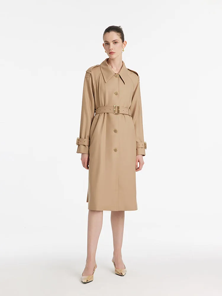 Worsted Wool Lapel Women Trench Coat With Belt