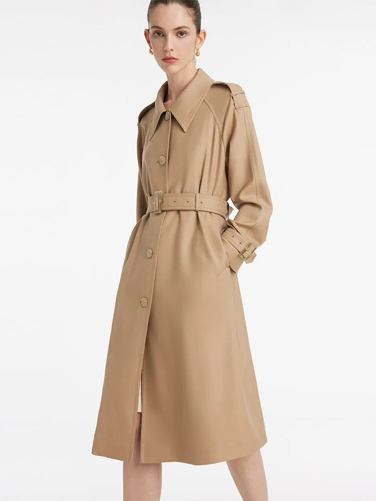 Worsted Wool Lapel Women Trench Coat With Belt