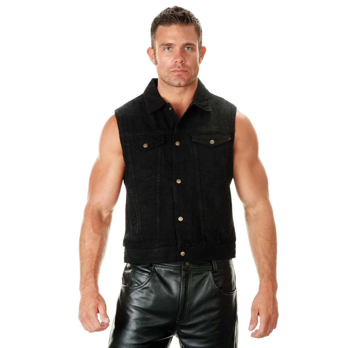 Xelement B285 Men's 'Dirty' Black Denim Motorcycle Rider Vest with Shirt Collar