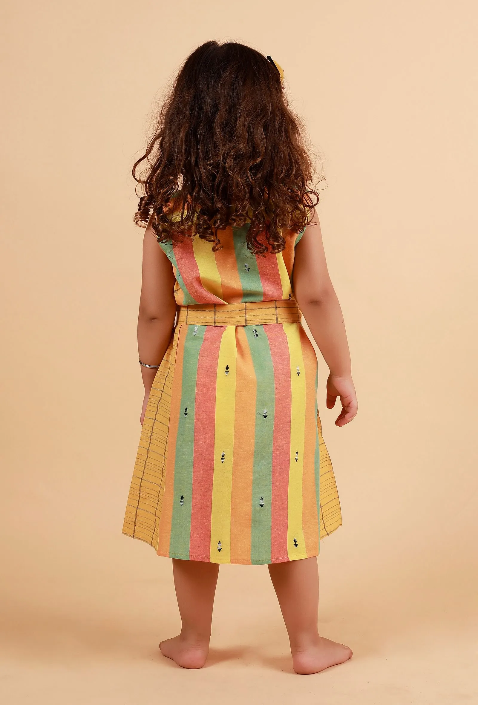 Yellow Stripe Dress With Checked Belt