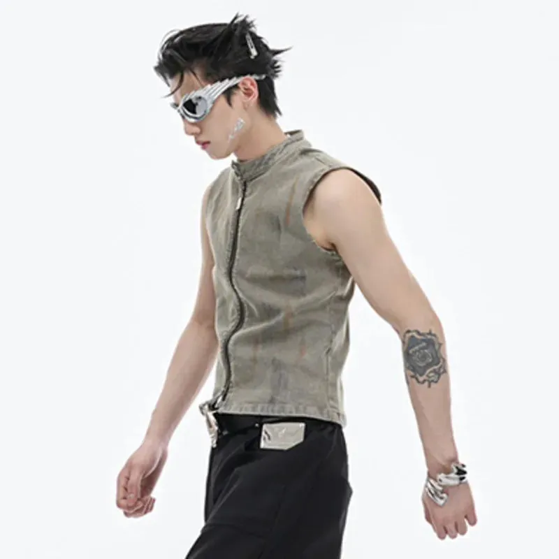 Zipper Stand Collar Casual Denim Vest