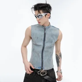 Zipper Stand Collar Casual Denim Vest